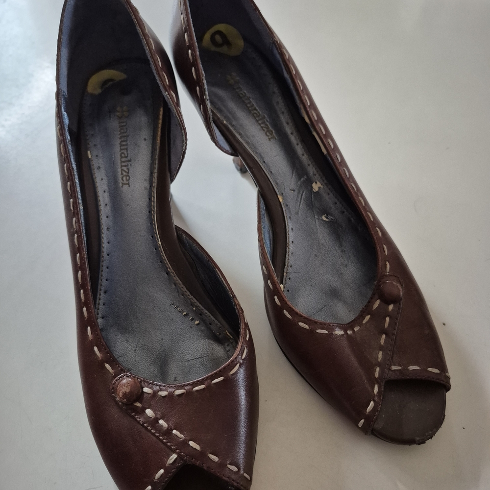 Naturalizer Brown Peep-Toe Heels with Stitch Detail